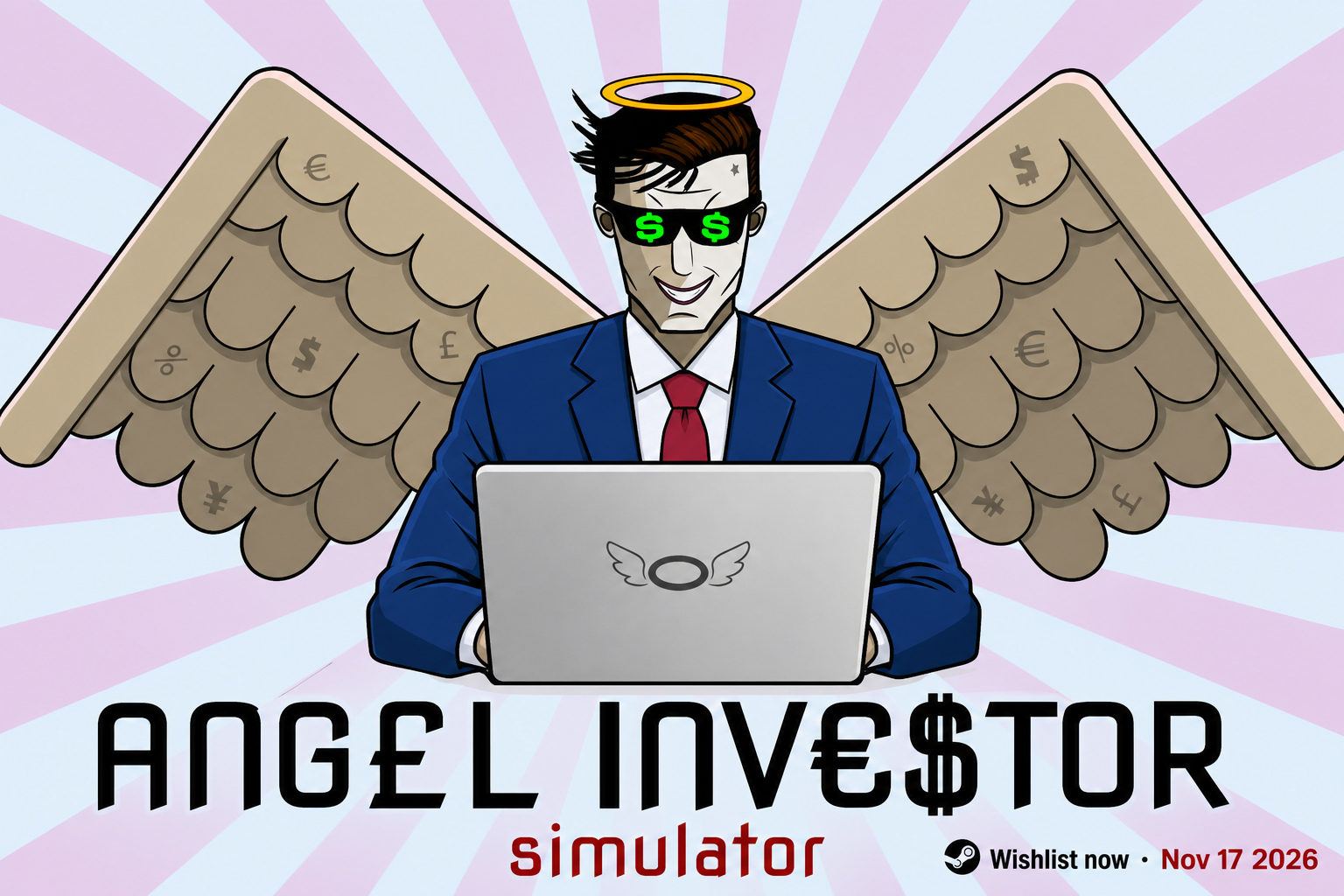 Angel Investor Simulator key art: an angel in a suit with dollar-sign sunglasses